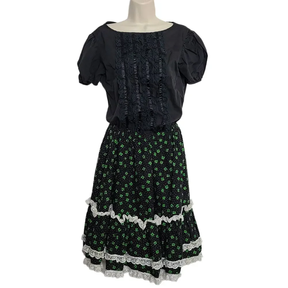 Vintage Square Dance Outfit Ruffle Shamrock St Patricks Day Small Black Green